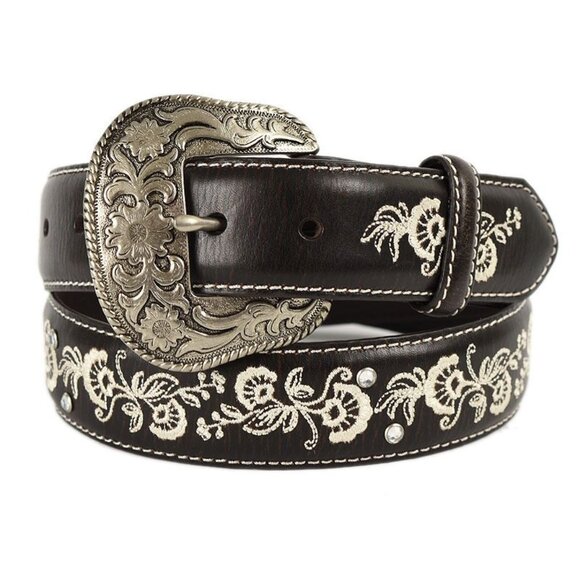 Shyanne Brown Western Embroidered Leather Belt With Silver Floral Buckle Medium - Picture 1 of 4